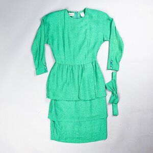 80's Peplum Dress | Vintage Silk Kelly Green Long Sleeve Midi Dress with Bow